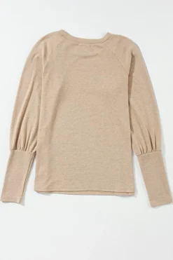 Discount Dear-Lover Solid Ruched Raglan Sleeve Knit Top Pale Khaki