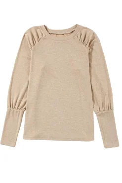Discount Dear-Lover Solid Ruched Raglan Sleeve Knit Top Pale Khaki