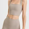 New Dear-Lover Square Neck Cutout Back Crop Yoga Tank Top Pale Khaki