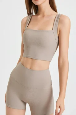 New Dear-Lover Square Neck Cutout Back Crop Yoga Tank Top Pale Khaki