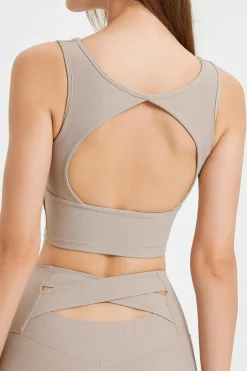 New Dear-Lover Square Neck Cutout Back Crop Yoga Tank Top Pale Khaki