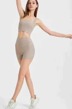 New Dear-Lover Square Neck Cutout Back Crop Yoga Tank Top Pale Khaki