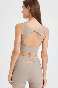New Dear-Lover Square Neck Cutout Back Crop Yoga Tank Top Pale Khaki