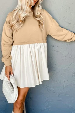 Fashion Dear-Lover Sweatshirt Poplin Mini Dress Pale Khaki