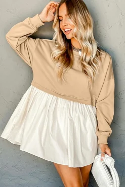 Fashion Dear-Lover Sweatshirt Poplin Mini Dress Pale Khaki