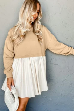 Fashion Dear-Lover Sweatshirt Poplin Mini Dress Pale Khaki