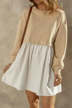 Fashion Dear-Lover Sweatshirt Poplin Mini Dress Pale Khaki