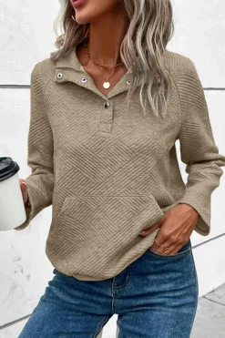 Fashion Dear-Lover Textured Knit Buttoned Kangaroo Pocket Sweatshirt Pale Khaki