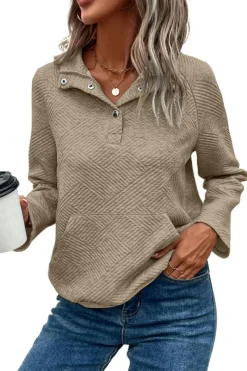 Fashion Dear-Lover Textured Knit Buttoned Kangaroo Pocket Sweatshirt Pale Khaki