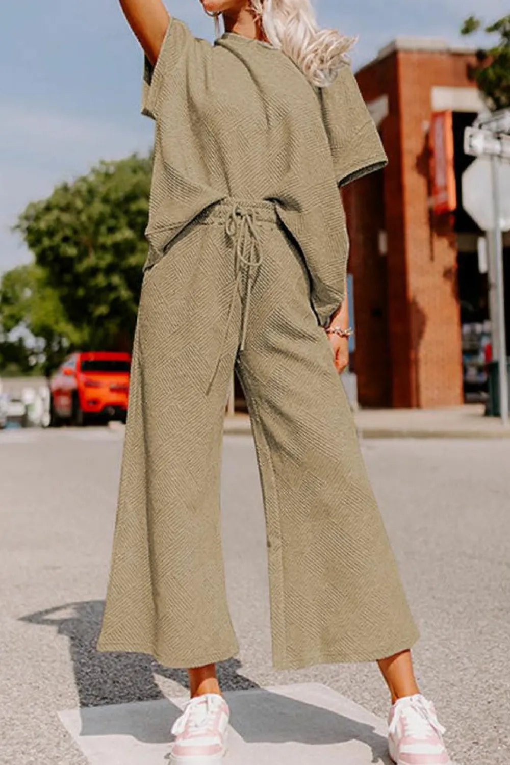 Clearance Dear-Lover Textured Loose Fit T Shirt and Drawstring Pants Set Pale Khaki
