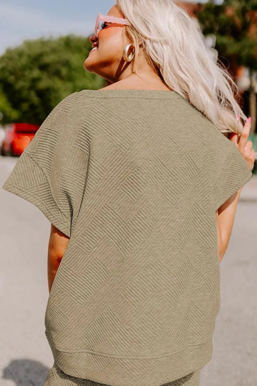 Clearance Dear-Lover Textured Loose Fit T Shirt and Drawstring Pants Set Pale Khaki