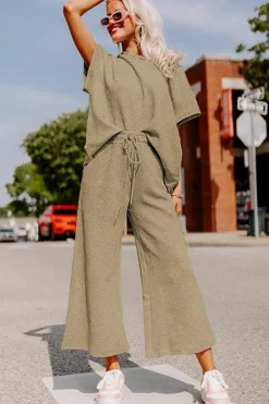 Clearance Dear-Lover Textured Loose Fit T Shirt and Drawstring Pants Set Pale Khaki