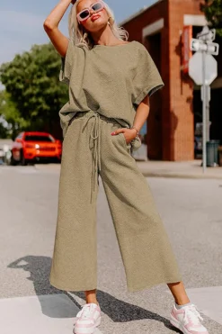 Clearance Dear-Lover Textured Loose Fit T Shirt and Drawstring Pants Set Pale Khaki