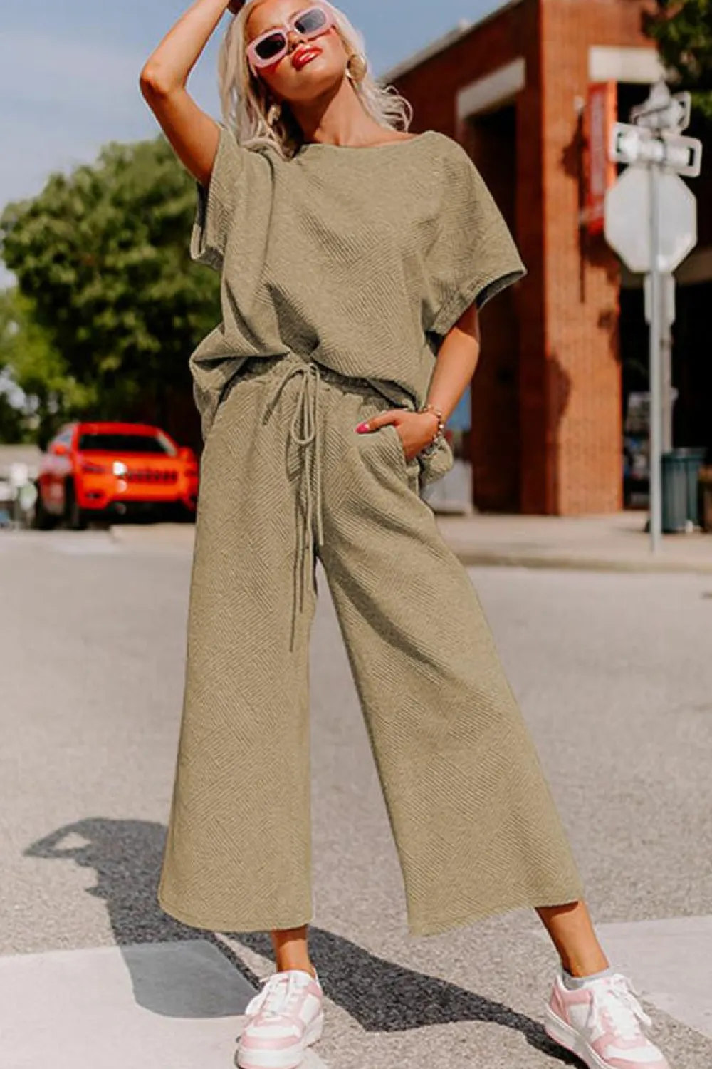 Clearance Dear-Lover Textured Loose Fit T Shirt and Drawstring Pants Set Pale Khaki