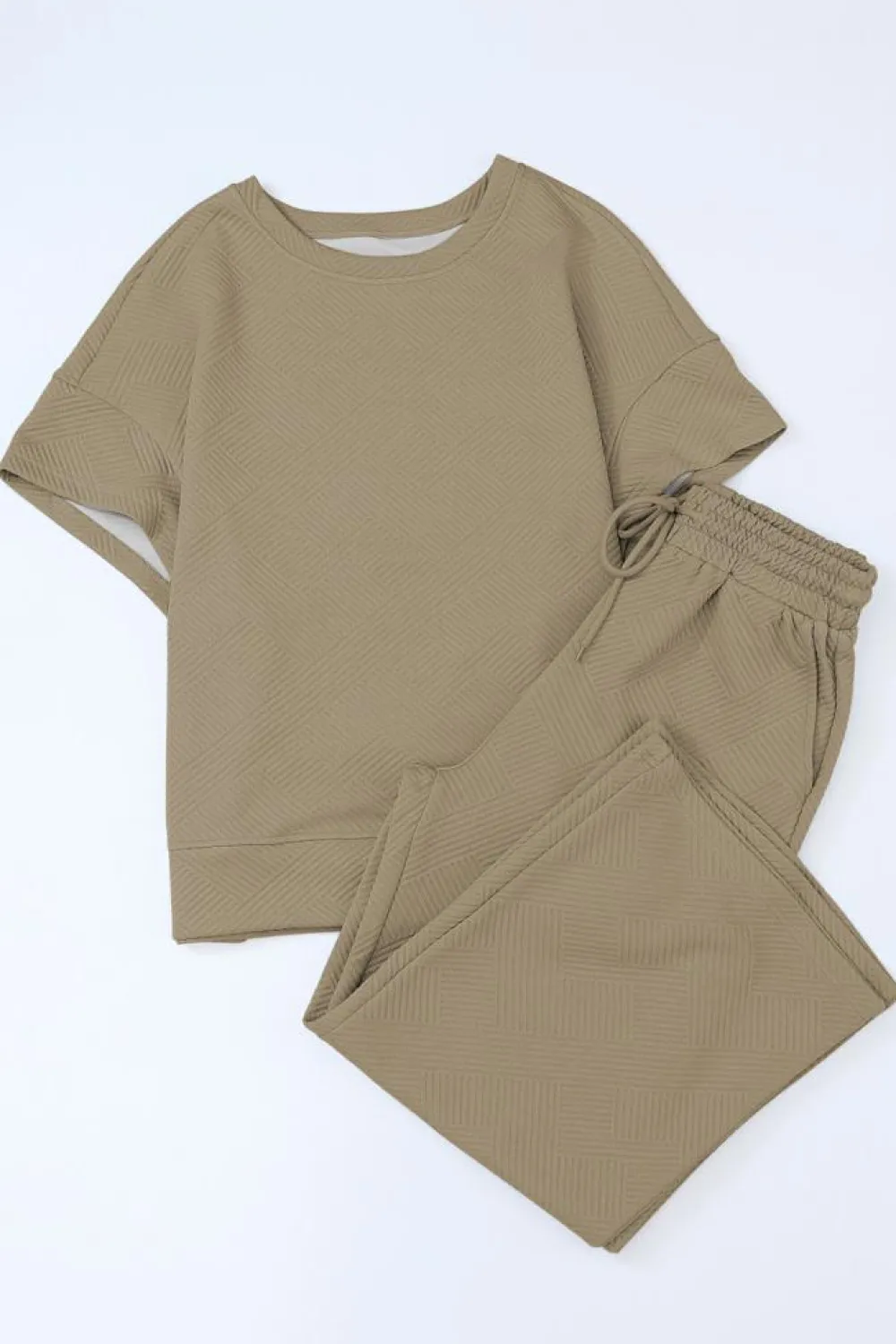 Clearance Dear-Lover Textured Loose Fit T Shirt and Drawstring Pants Set Pale Khaki