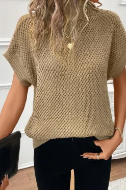 New Dear-Lover Turtleneck Textured Short Sleeve Sweater Pale Khaki