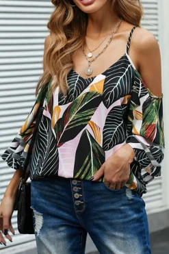 New Dear-Lover Palm Cold Shoulder Blouse Green