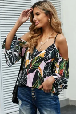 New Dear-Lover Palm Cold Shoulder Blouse Green