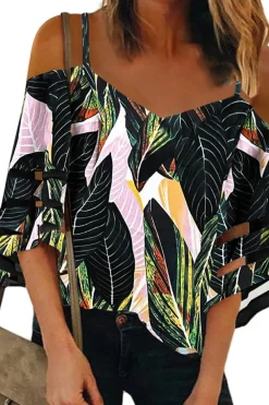 New Dear-Lover Palm Cold Shoulder Blouse Green