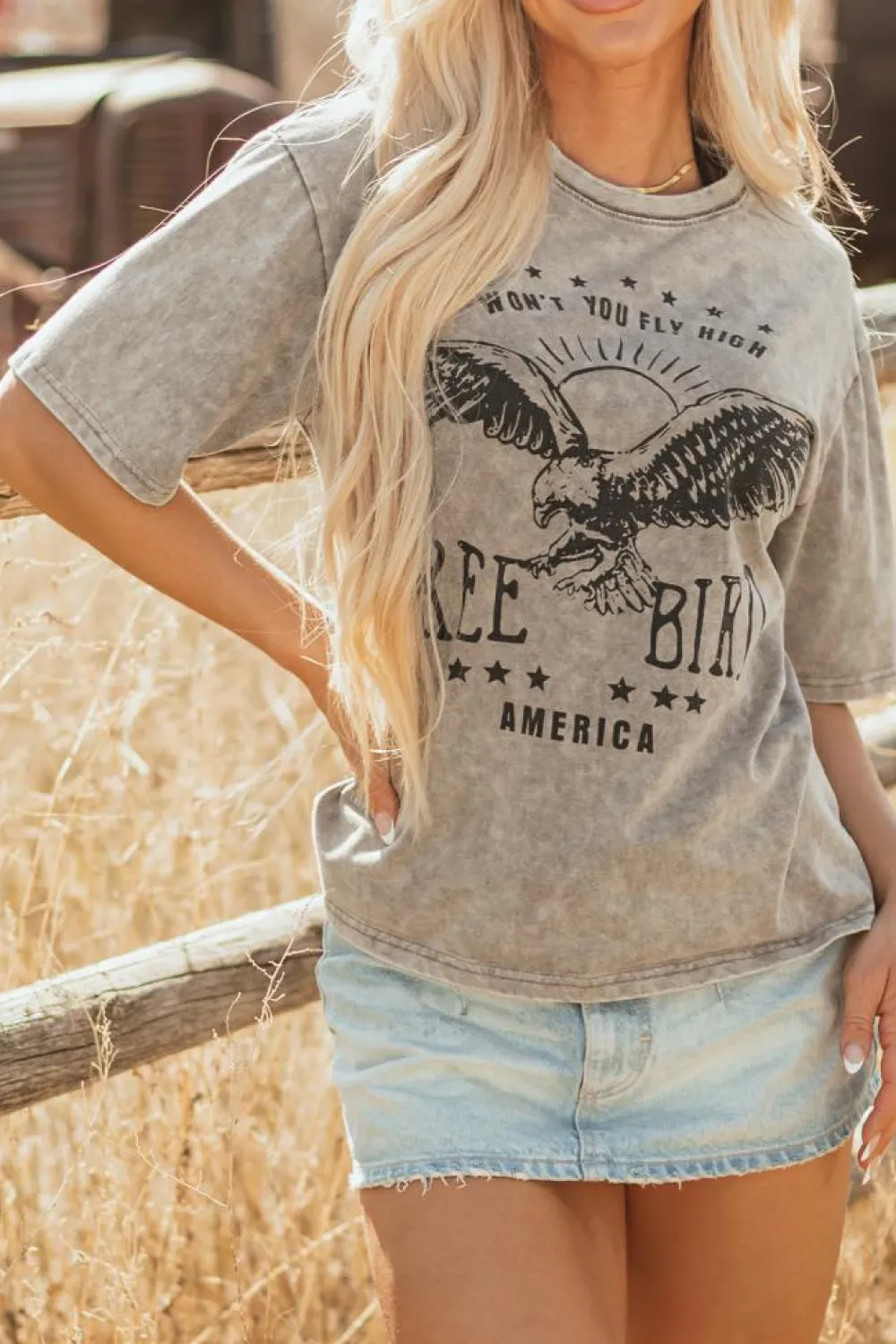 Hot Dear-Lover AMERICA FREE BIRD Vintage Graphic Mineral Washed Tee Parchment