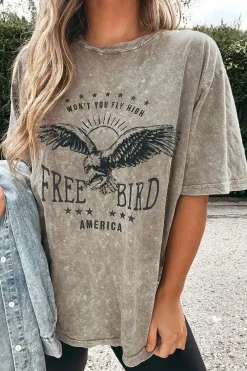 Hot Dear-Lover AMERICA FREE BIRD Vintage Graphic Mineral Washed Tee Parchment