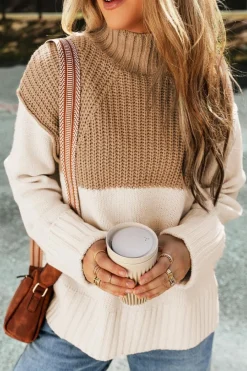 Online Dear-Lover Cable Knit Color Block Side Splits High Neck Sweater Parchment