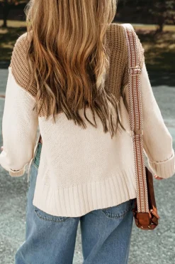 Online Dear-Lover Cable Knit Color Block Side Splits High Neck Sweater Parchment
