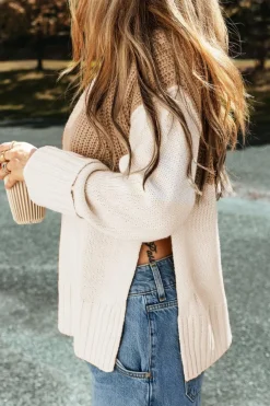 Online Dear-Lover Cable Knit Color Block Side Splits High Neck Sweater Parchment