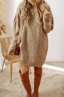 Best Dear-Lover Cable Knit Drop Shoulder Loose Fit Sweater Dress Parchment