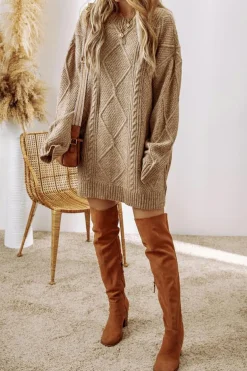 Best Dear-Lover Cable Knit Drop Shoulder Loose Fit Sweater Dress Parchment
