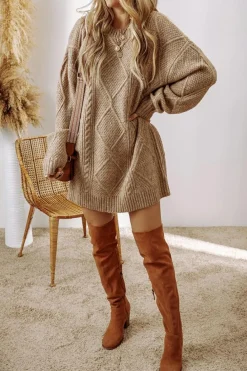 Best Dear-Lover Cable Knit Drop Shoulder Loose Fit Sweater Dress Parchment
