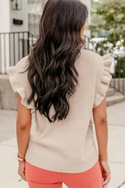Sale Dear-Lover Cable Knit Mock Neck Cap Sleeve Sweater Parchment