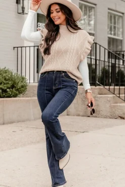 Sale Dear-Lover Cable Knit Mock Neck Cap Sleeve Sweater Parchment