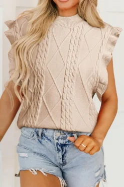 Sale Dear-Lover Cable Knit Mock Neck Cap Sleeve Sweater Parchment