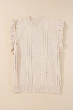 Sale Dear-Lover Cable Knit Mock Neck Cap Sleeve Sweater Parchment