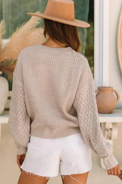Fashion Dear-Lover Cable Knit Sleeve Drop Shoulder Sweater Parchment