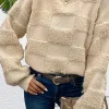 Online Dear-Lover Checkered Sherpa Crew Neck Loose Sweater Parchment