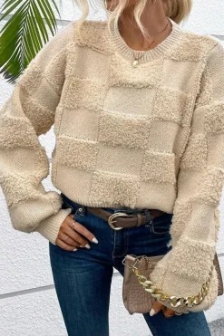 Online Dear-Lover Checkered Sherpa Crew Neck Loose Sweater Parchment