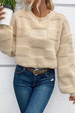Online Dear-Lover Checkered Sherpa Crew Neck Loose Sweater Parchment