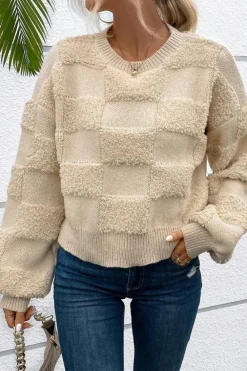 Online Dear-Lover Checkered Sherpa Crew Neck Loose Sweater Parchment