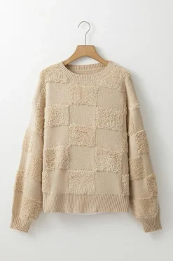 Online Dear-Lover Checkered Sherpa Crew Neck Loose Sweater Parchment