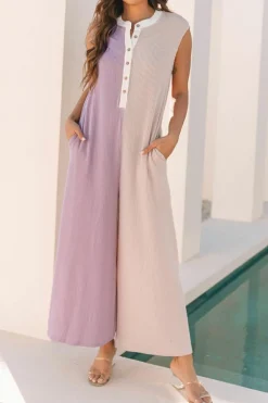 New Dear-Lover Color Block Corded Knit Buttoned Super Wide Leg Jumpsuit Parchment