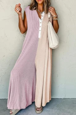 New Dear-Lover Color Block Corded Knit Buttoned Super Wide Leg Jumpsuit Parchment