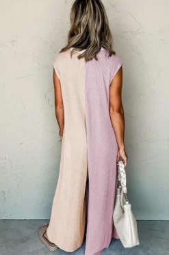 New Dear-Lover Color Block Corded Knit Buttoned Super Wide Leg Jumpsuit Parchment