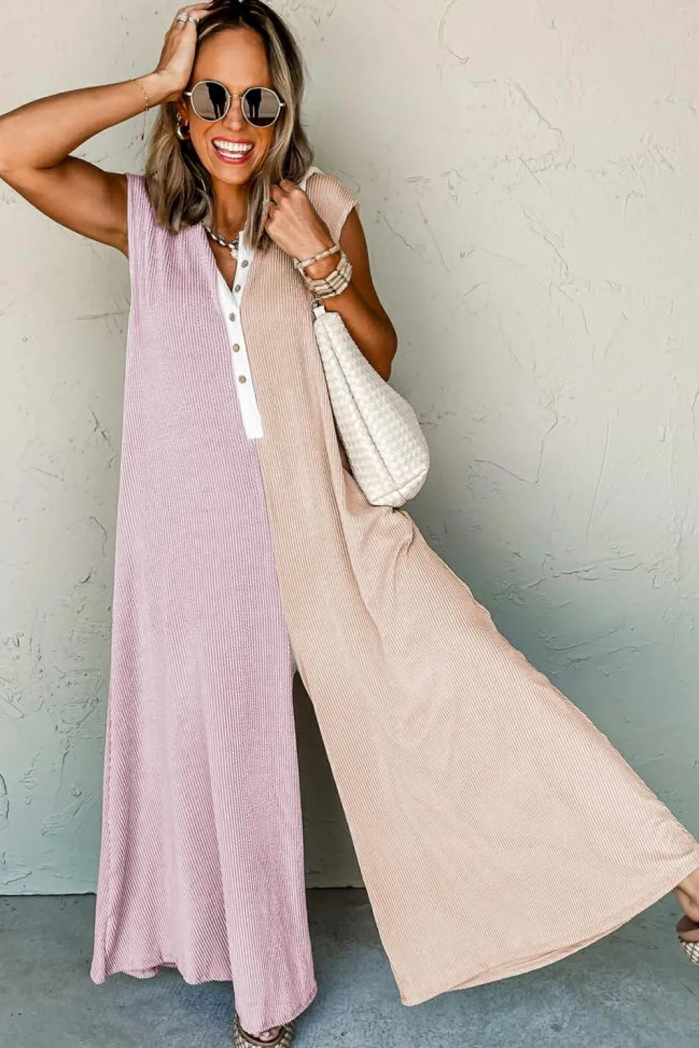 New Dear-Lover Color Block Corded Knit Buttoned Super Wide Leg Jumpsuit Parchment