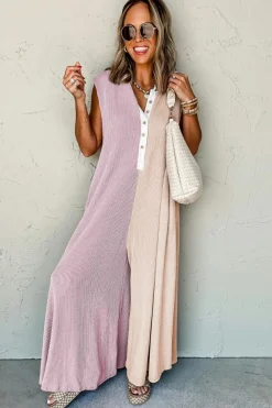 New Dear-Lover Color Block Corded Knit Buttoned Super Wide Leg Jumpsuit Parchment
