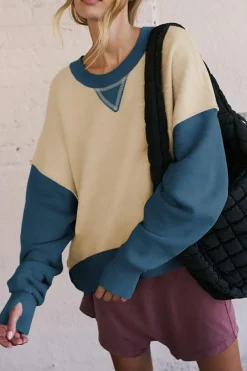 Clearance Dear-Lover Color Block Thumbhole Sleeve Drop Shoulder Sweatshirt Parchment
