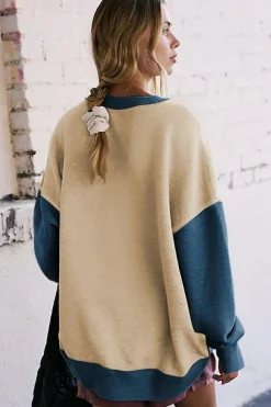 Clearance Dear-Lover Color Block Thumbhole Sleeve Drop Shoulder Sweatshirt Parchment