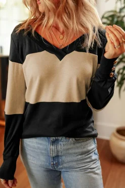 Sale Dear-Lover Colorblock Button Decor Long Sleeve V Neck Top Parchment