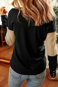 Sale Dear-Lover Colorblock Button Decor Long Sleeve V Neck Top Parchment